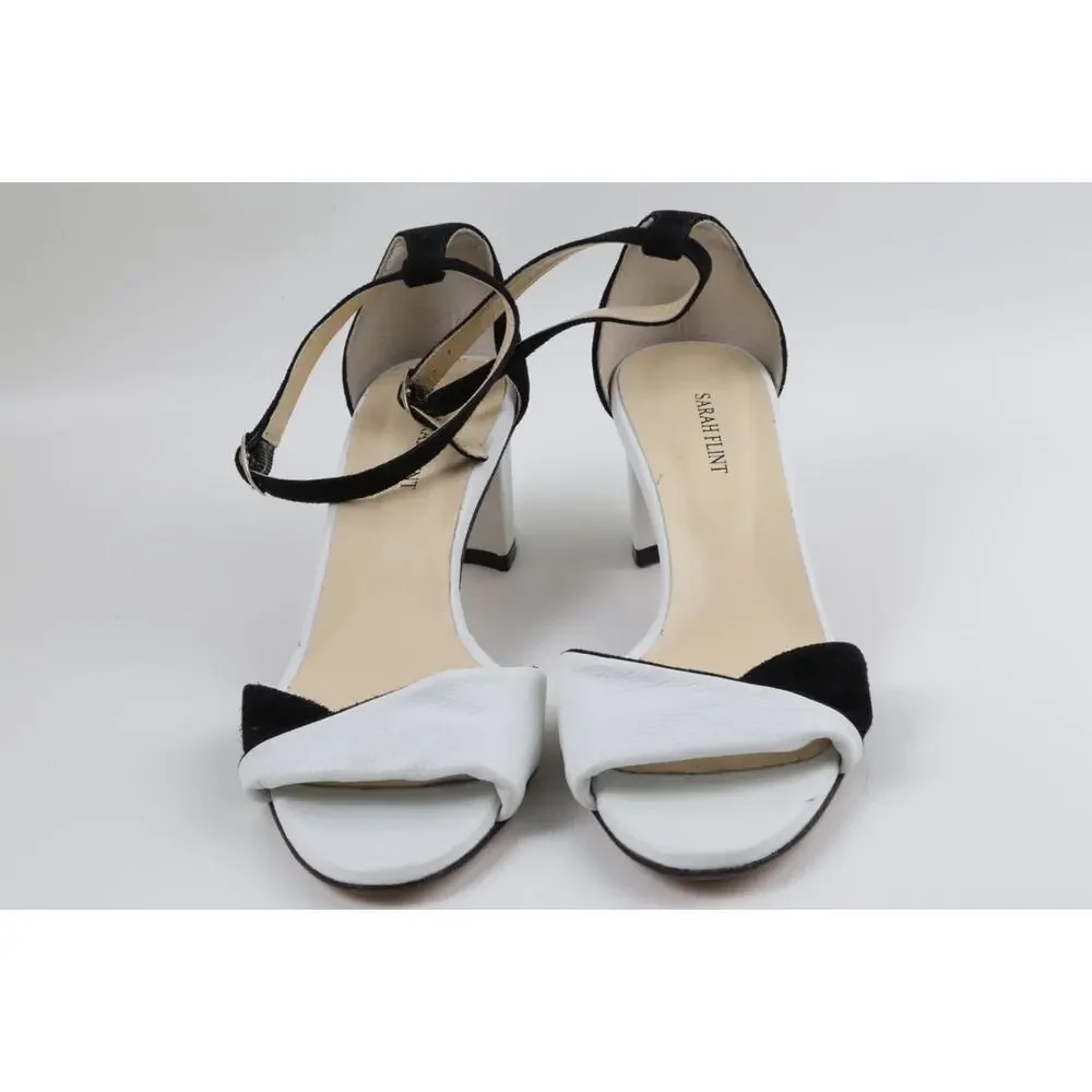 SARAH FLINT Handmade Black White Suede Leather Block Ankle Strap Sandals Size 39 - Picture 5 of 16